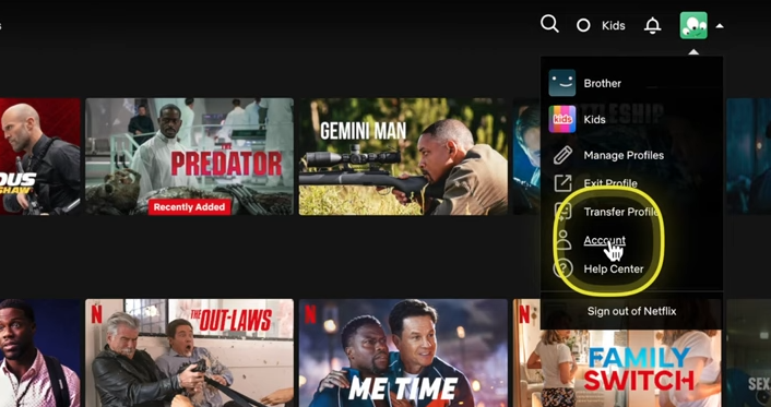 Netflix profile menu with Account option highlighted under user settings