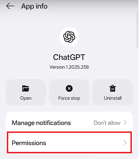 Permissions settings for ChatGPT