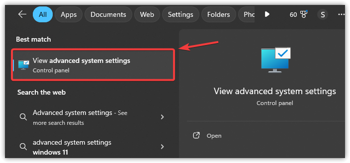 Windows search result showing “View advanced system settings” option