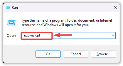 Run dialog with appwiz.cpl command entered