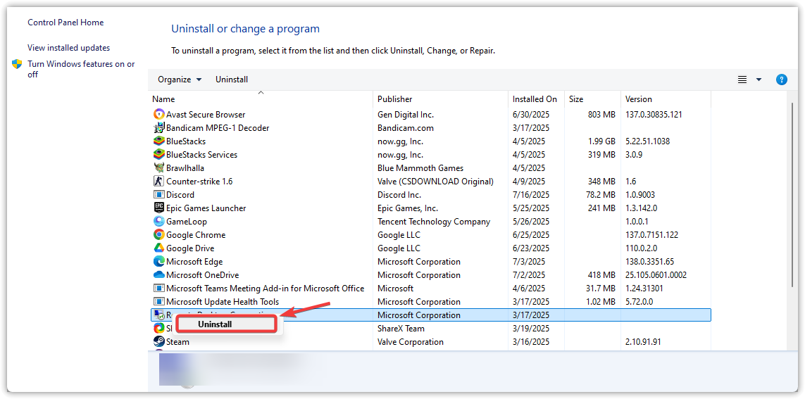Uninstalling Razer Cortex from Programs and Features
