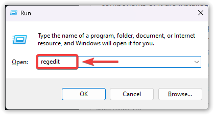 Run dialog box in Windows with the command “regedit” typed to open the Registry Editor.