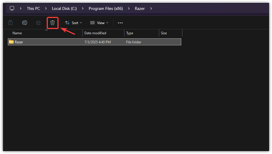 Manually deleting leftover Razer folders in File Explorer