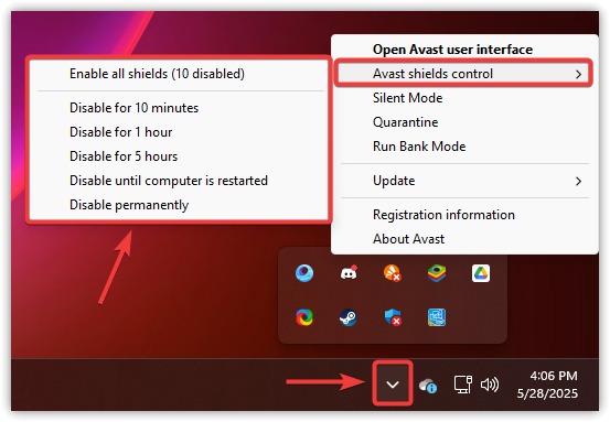 Disabling antivirus protection from system tray options