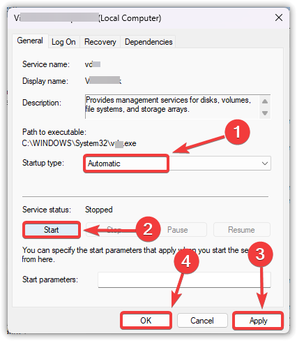 VGC service Properties window in Windows, showing Startup type set to Automatic, with Start, Apply, and OK buttons highlighted.