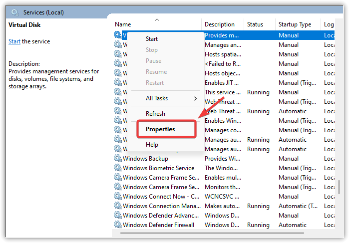 Windows Services Manager with the VGC service highlighted and the Properties option selected from the context menu.