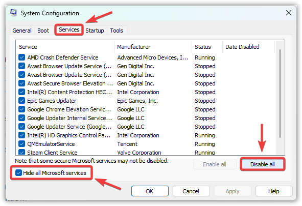 Disabling all non-Microsoft services in msconfig