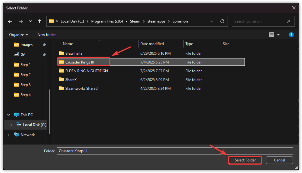 File Explorer window showing Crusader Kings 3 folder selected for antivirus exclusion