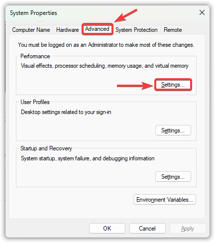 Windows System Properties window highlighting the Advanced tab and Performance Settings option