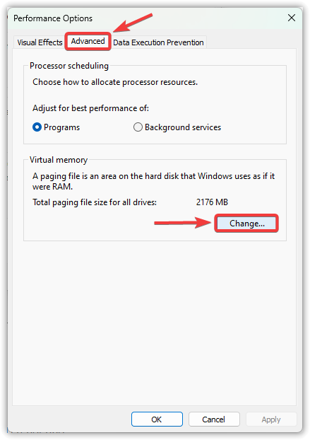 Windows Performance Options window highlighting the Advanced tab and Virtual Memory Change button